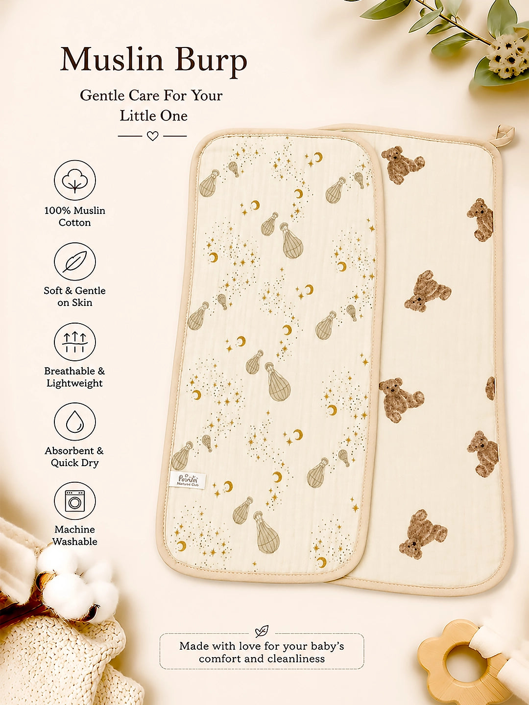 Teddy Bear & Starry Night Muslin Burp Cloth | Set of 2 | 100% Pure Cotton |