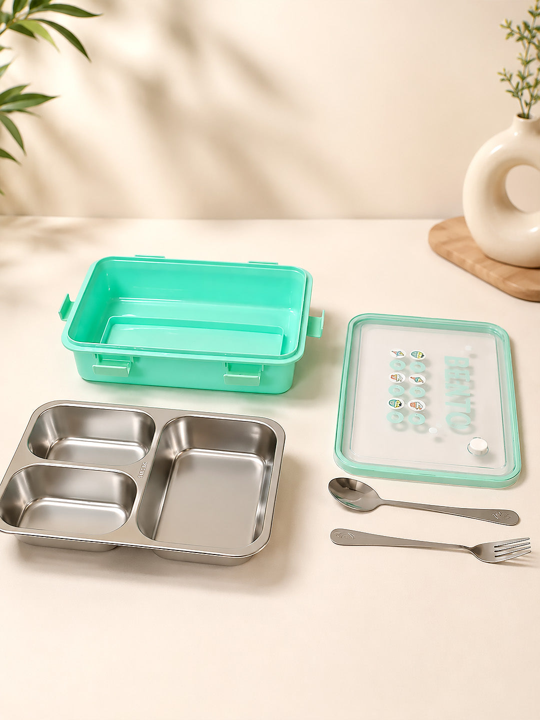 3-Compartment Kids Stainless Steel Lunch Box | Leak-Proof | Fork & Spoon Included