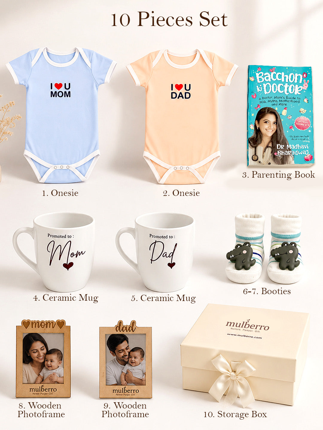 New Parent Gift Hamper 10-Piece | "I Love You Mom & Dad" Baby Onesies, Mugs, Wooden Photo Frames & More