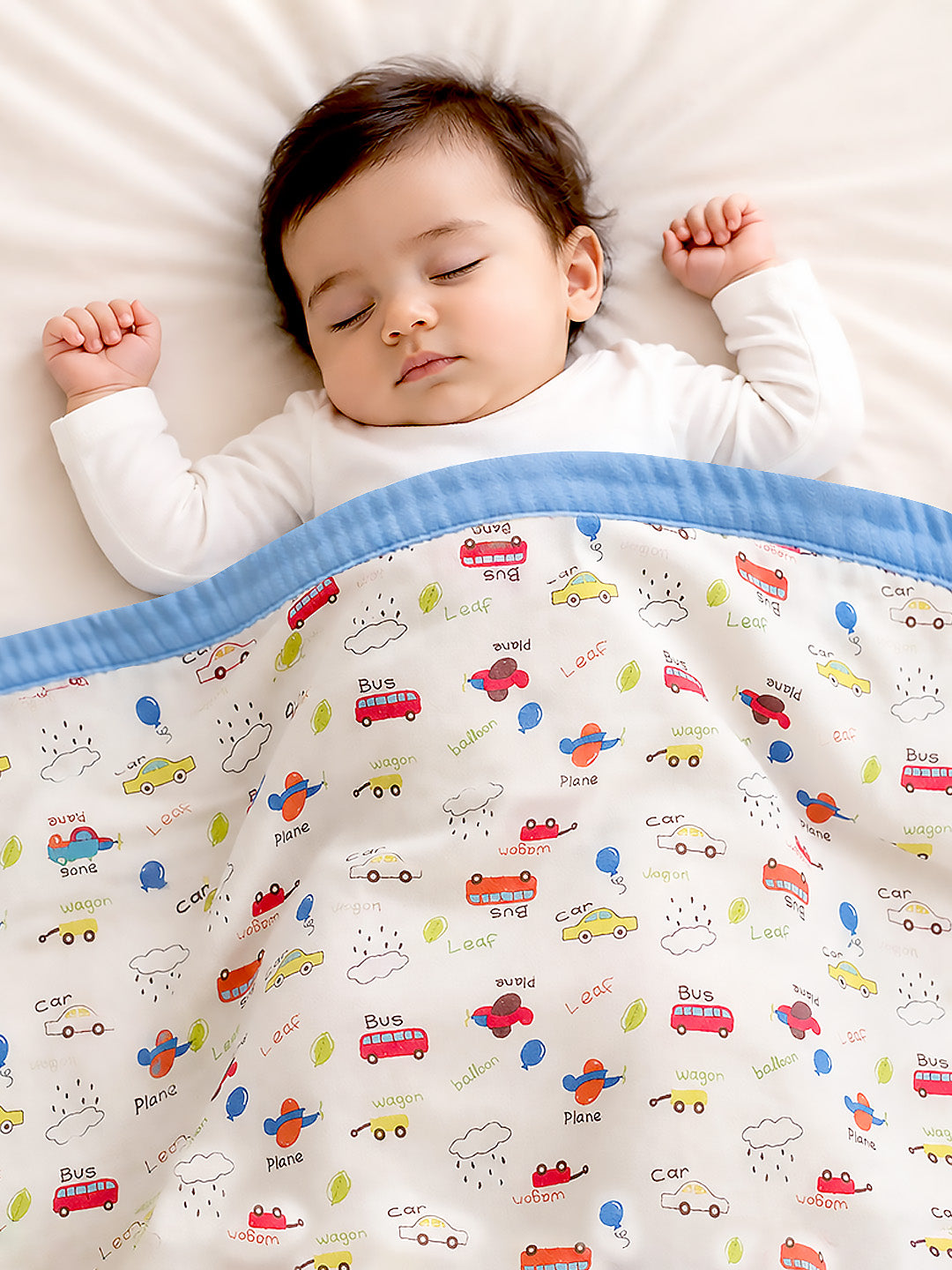 Little Vehicles 6-Layer Muslin Cotton Baby Blanket | All-Season | Blue Border | 110×110 cm