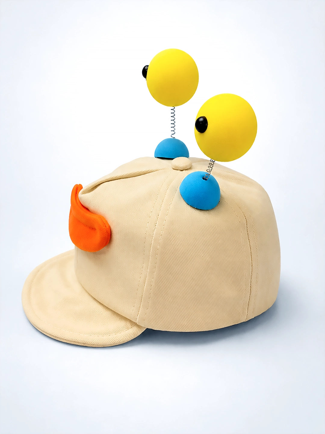 Beige 3D Alien Monster Baby Cap | Wobbly Eyeball Antennas & Adjustable Strap | 2–6 Years