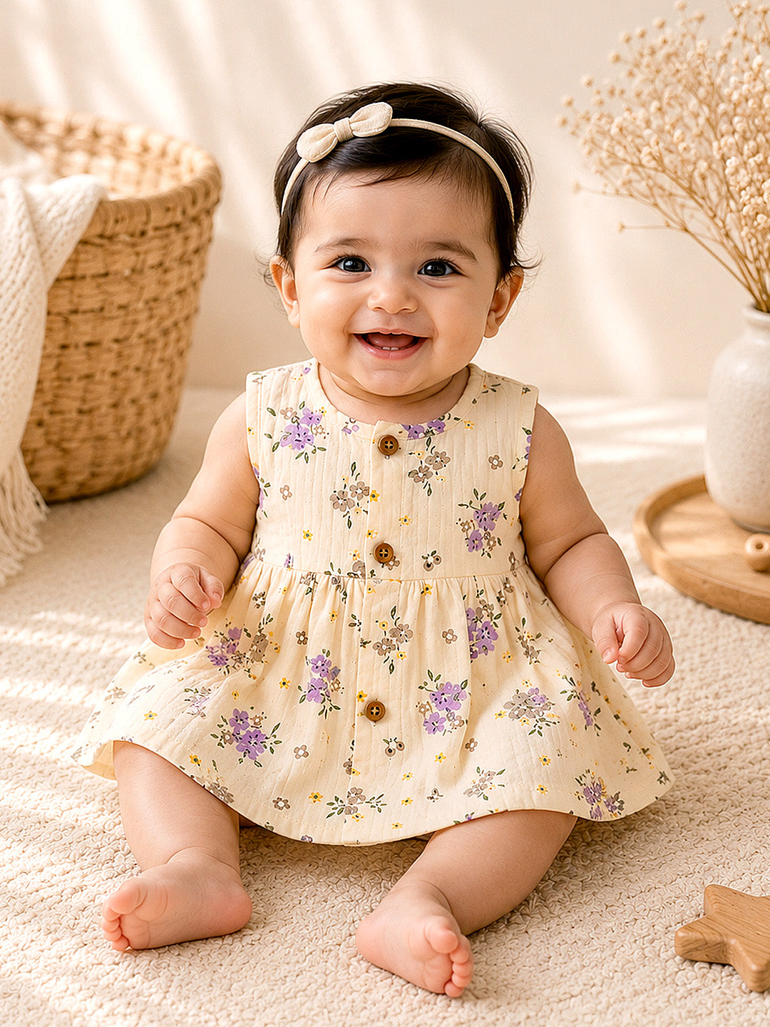 Floral Muslin Cotton Frock for Baby Girls | Sleeveless A-Line Dress | Wooden Buttons | 0–12 Months