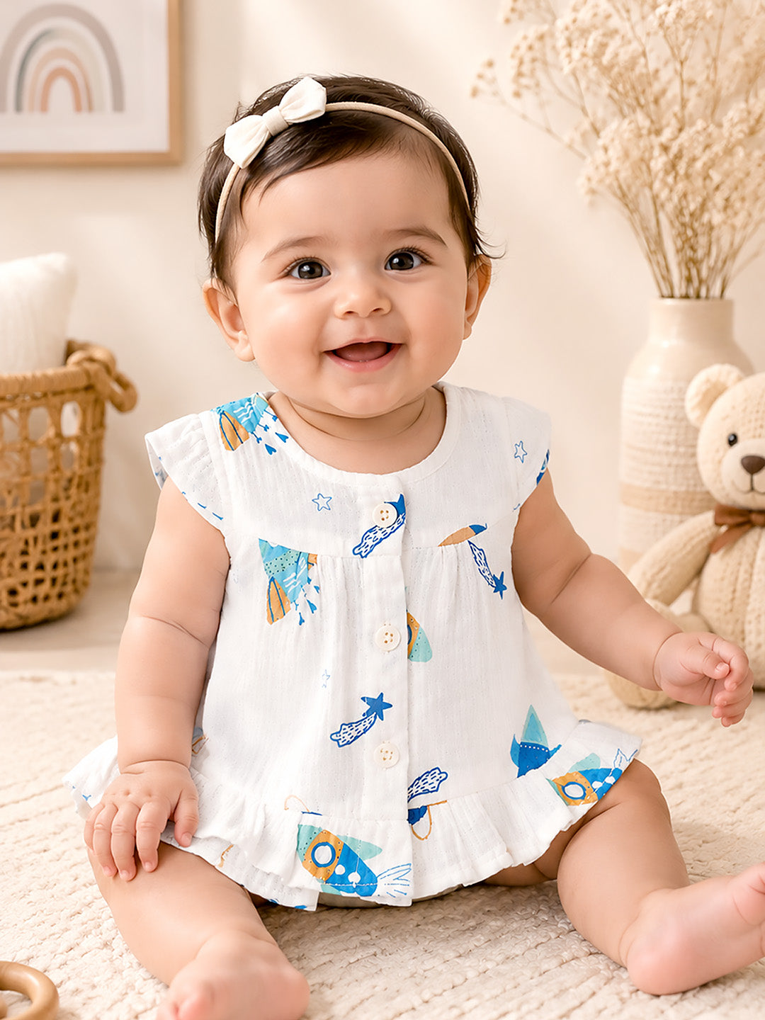 Space Rocket Baby Girl Muslin Frock | Flutter Sleeve | Ruffle Hem | 0–6 Months
