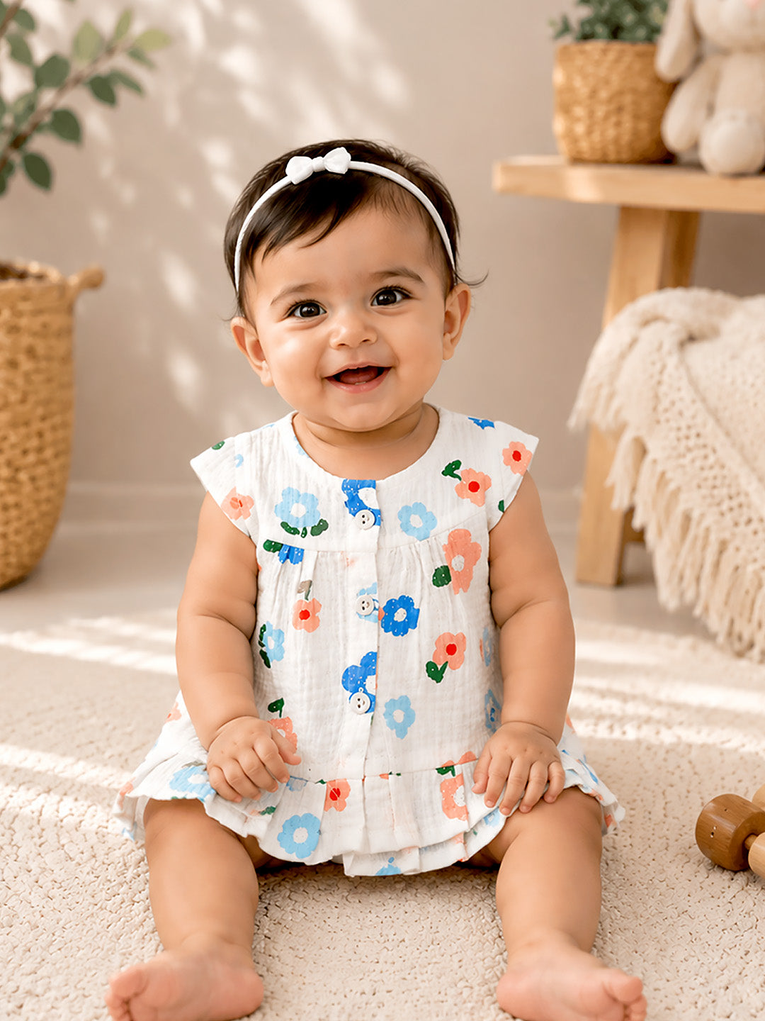 Blue Flower Baby Girl Muslin Frock | Sleeveless Button-Front Dress with Ruffle Hem