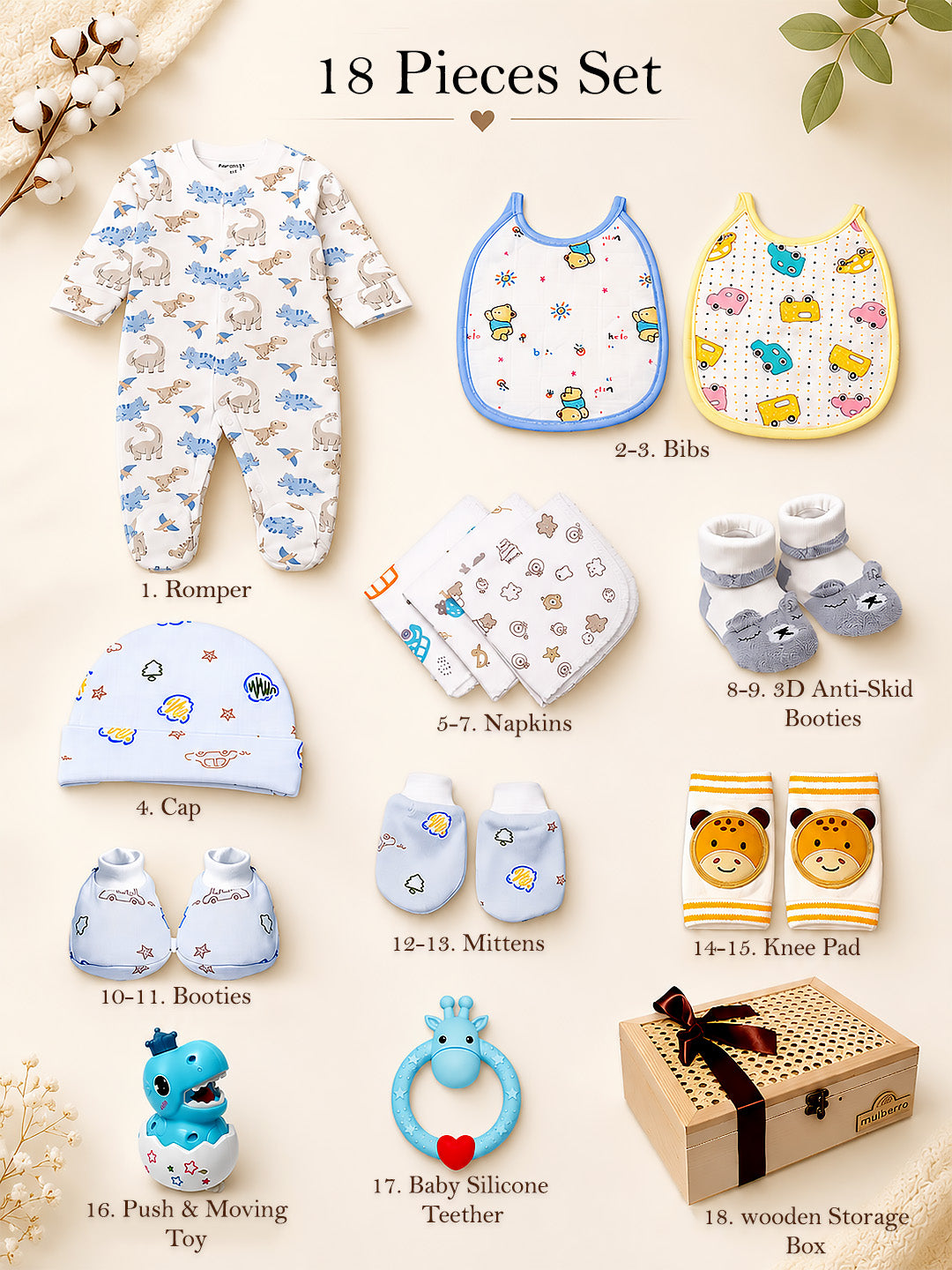 18-Piece Crawling Baby Gift Hamper | Pure Cotton | Knee Pads & Teether | 6–12 Months