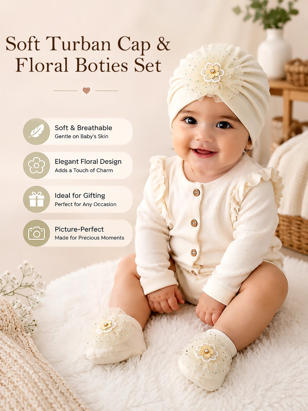 Cream Floral Turban Cap & Booties Set | Soft & Breathable | Baby Girls 0–12 Months