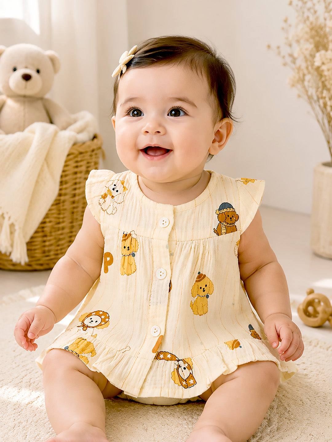 Puppy Print Baby Girl Muslin Frock | Sleeveless Flutter Sleeve Dress with Ruffle Hem | Button Placket