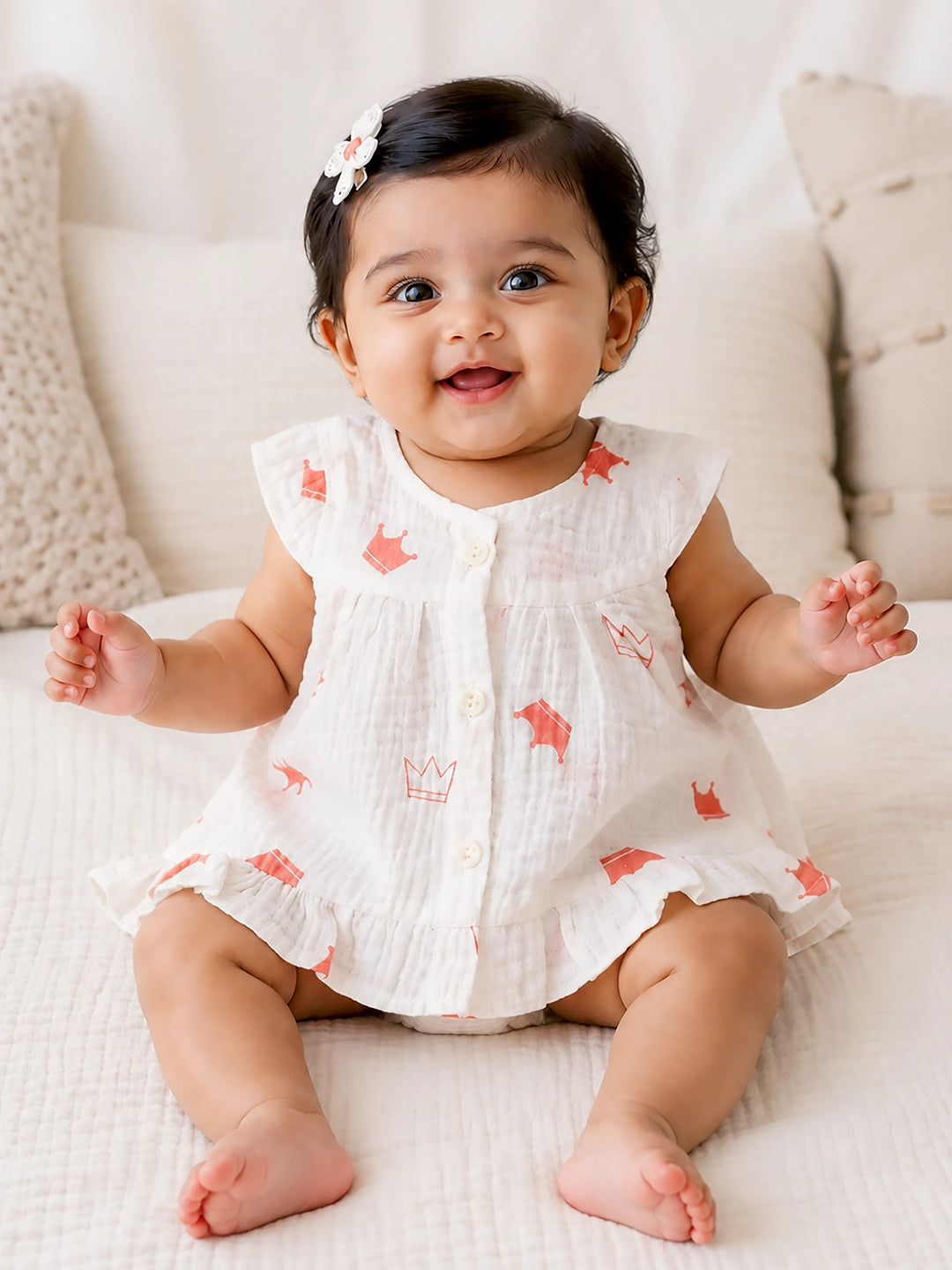 Little Princess Baby Frock | Muslin Cotton | Crown Print | Flutter Sleeves & Ruffle Hem | 0–6 Months