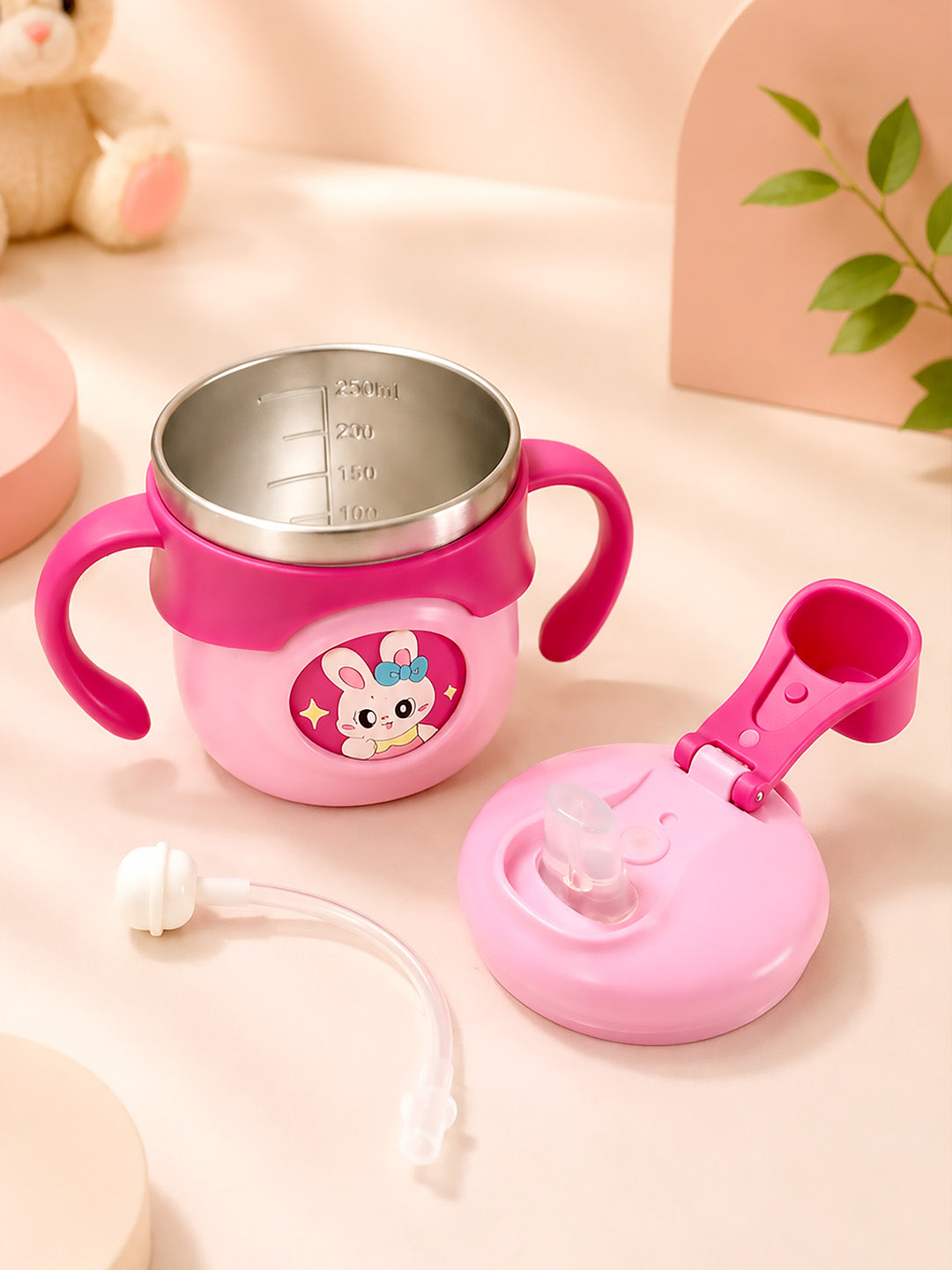 Bunny Stainless Steel Sipper Bottle for Babies & Toddlers — 250ml | Spill-Proof Spout & Flip-Top Straw