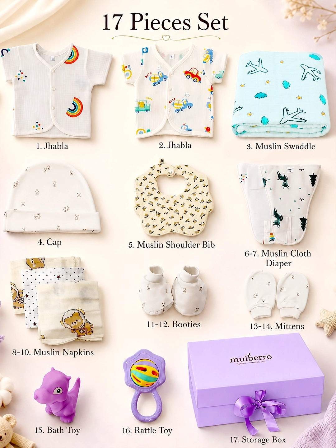 Newborn | Exclusive Muslin Cotton  |17-Piece Gift set  | Gift Box | Baby Boy & Girl | 0–6 Months