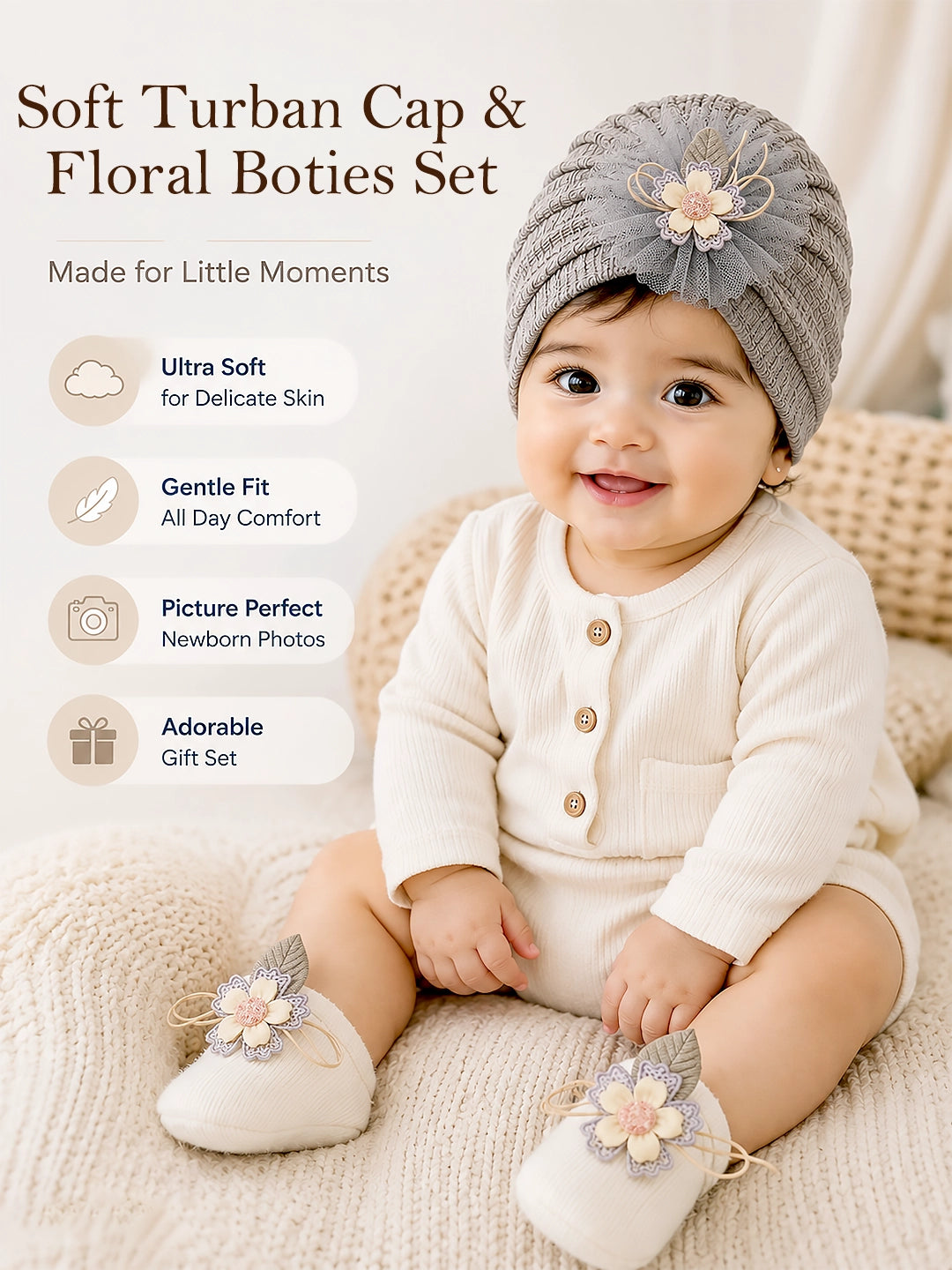 Gray Floral Turban Cap & Booties Set | Soft Knit Baby Gift Set | 0–12 Months