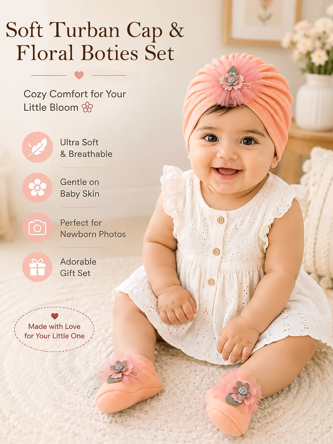 Peach Floral Turban Cap & Booties Gift Set | Soft & Breathable | Baby Girls 0–12 Months