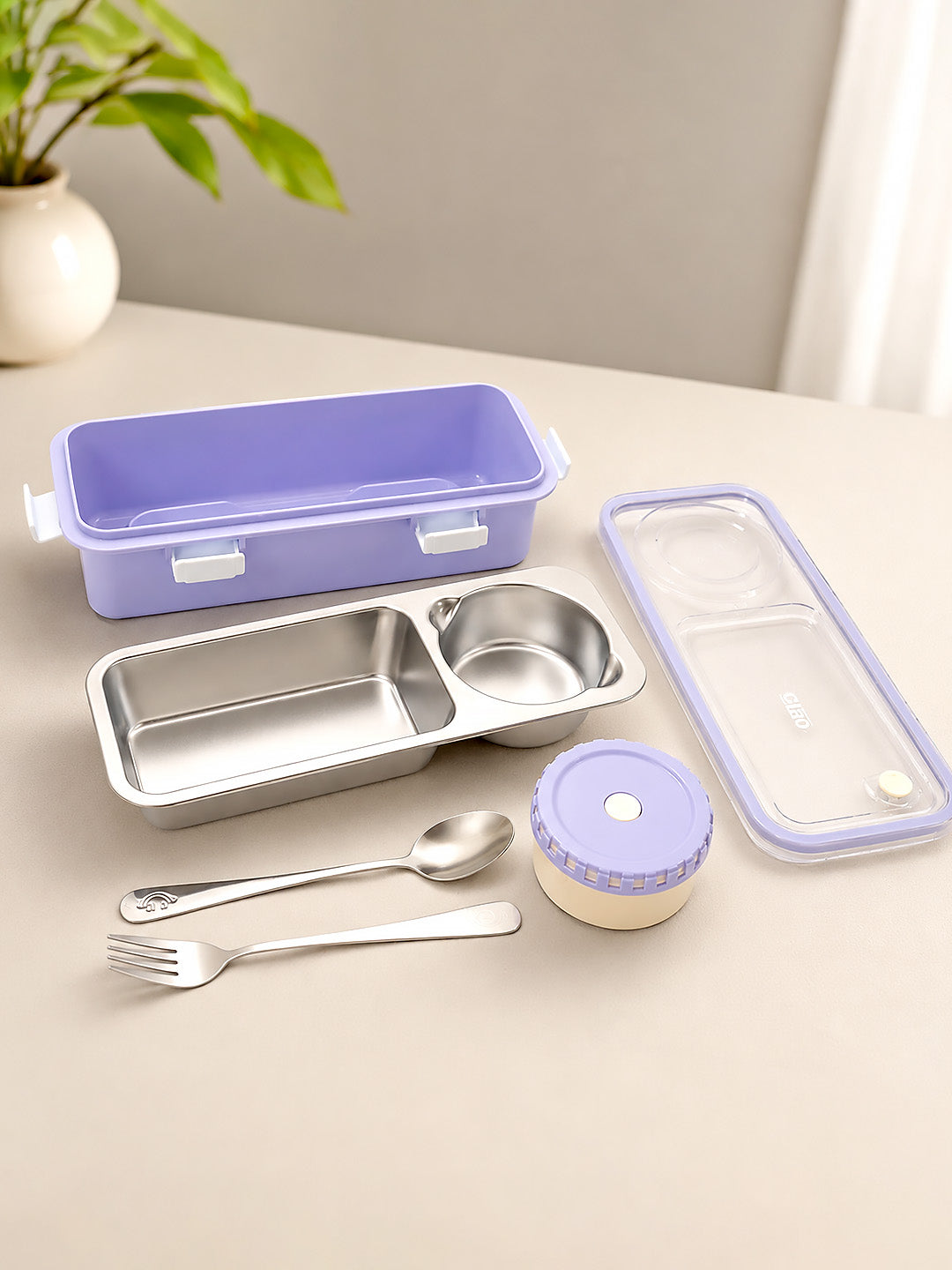 2-Compartment Stainless Steel Kids Lunch Box | Leak-Proof | Sauce Container | Fork & Spoon Included