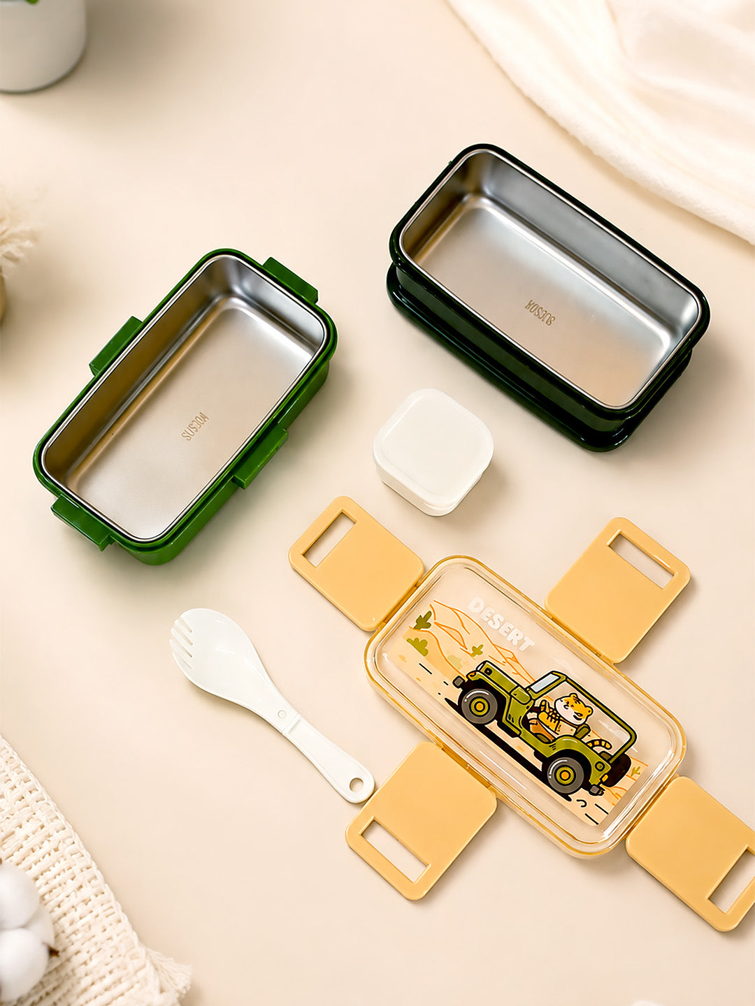 Desert Tiger 2-Tier Kids Lunch Box | Stainless Steel | Leak-Proof | Spork & Sauce Box Included