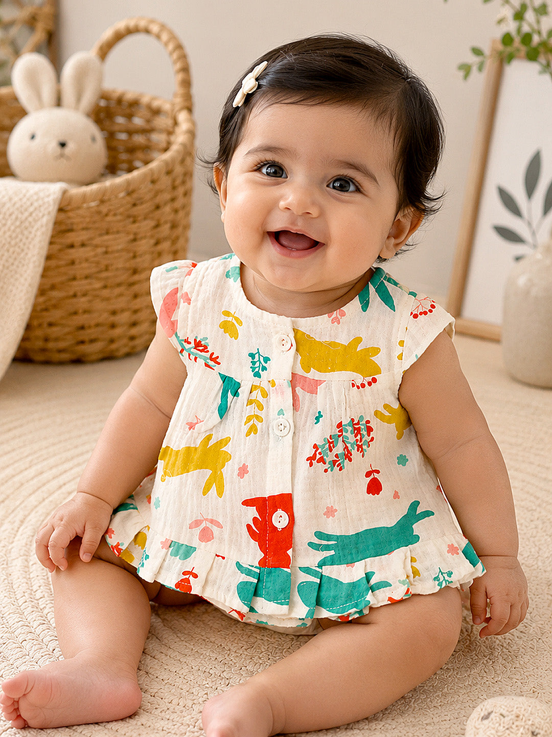 Bunny Animal Print Baby Girl Muslin Frock | Cap Sleeve | Ruffle Hem | 0–6 Months