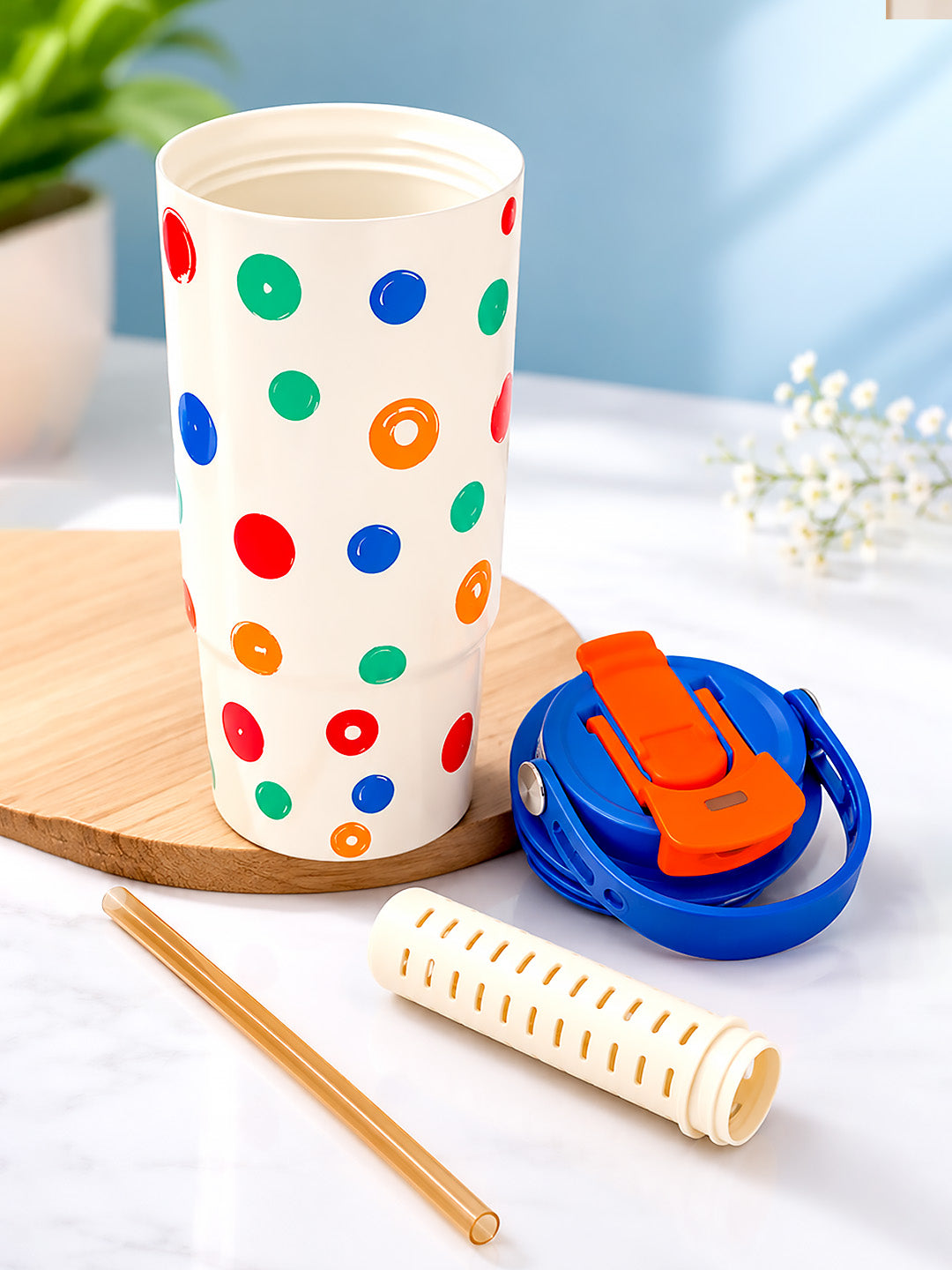 Colourful Polka Dot Stainless Steel Kids Tumbler | 2-in-1 Lid, Straw & Carry Handle