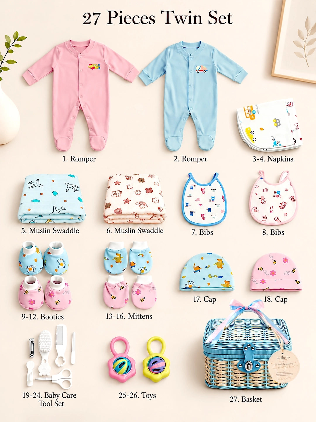 Newborn Twins | Welcome Baby | 27-Piece Gift Set | Pure Cotton | Pink & Blue Cane Basket | Twin Boy-Girl | 0–6 Months