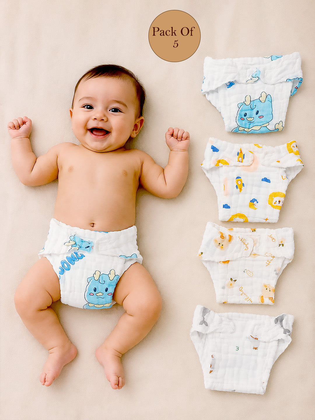 4-Layer Muslin Cloth Nappy | Cartoon Prints | Pack of 5 | 100% Pure Cotton | Reusable Baby Diaper