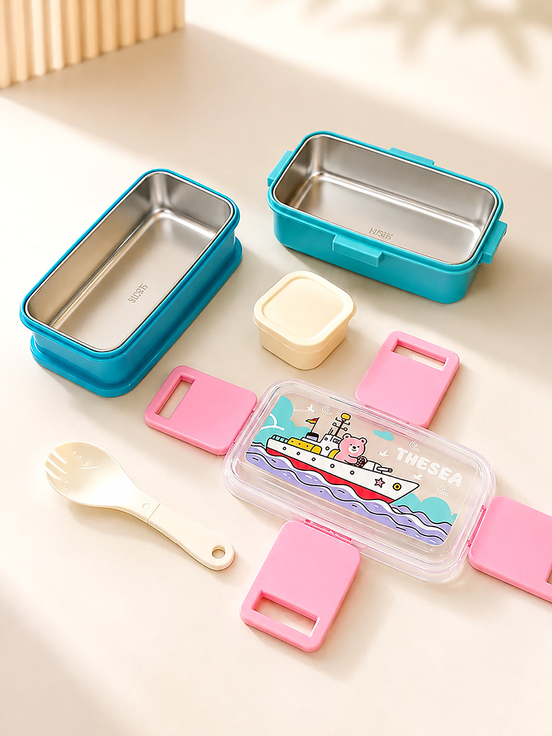Sea Adventure Bear 2-Tier Kids Lunch Box | Stainless Steel | Leak-Proof | Spork & Sauce Box Included