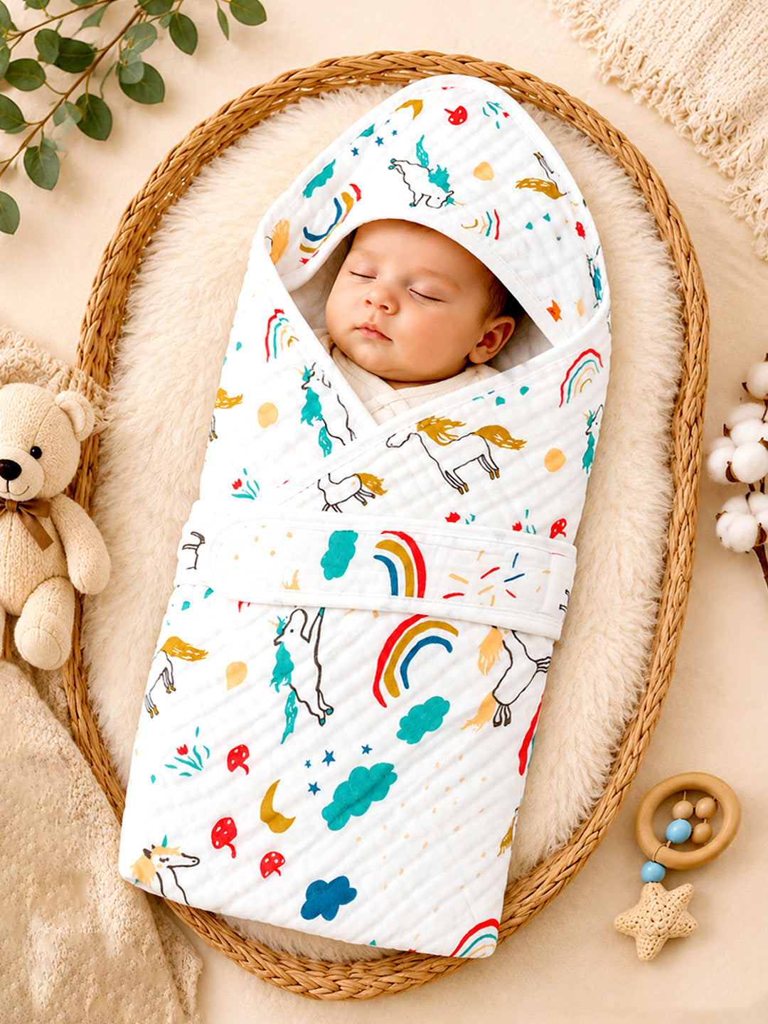 Unicorn Rainbow Hooded Swaddle Blanket | 6-Layer Muslin Cotton | Newborn & Baby