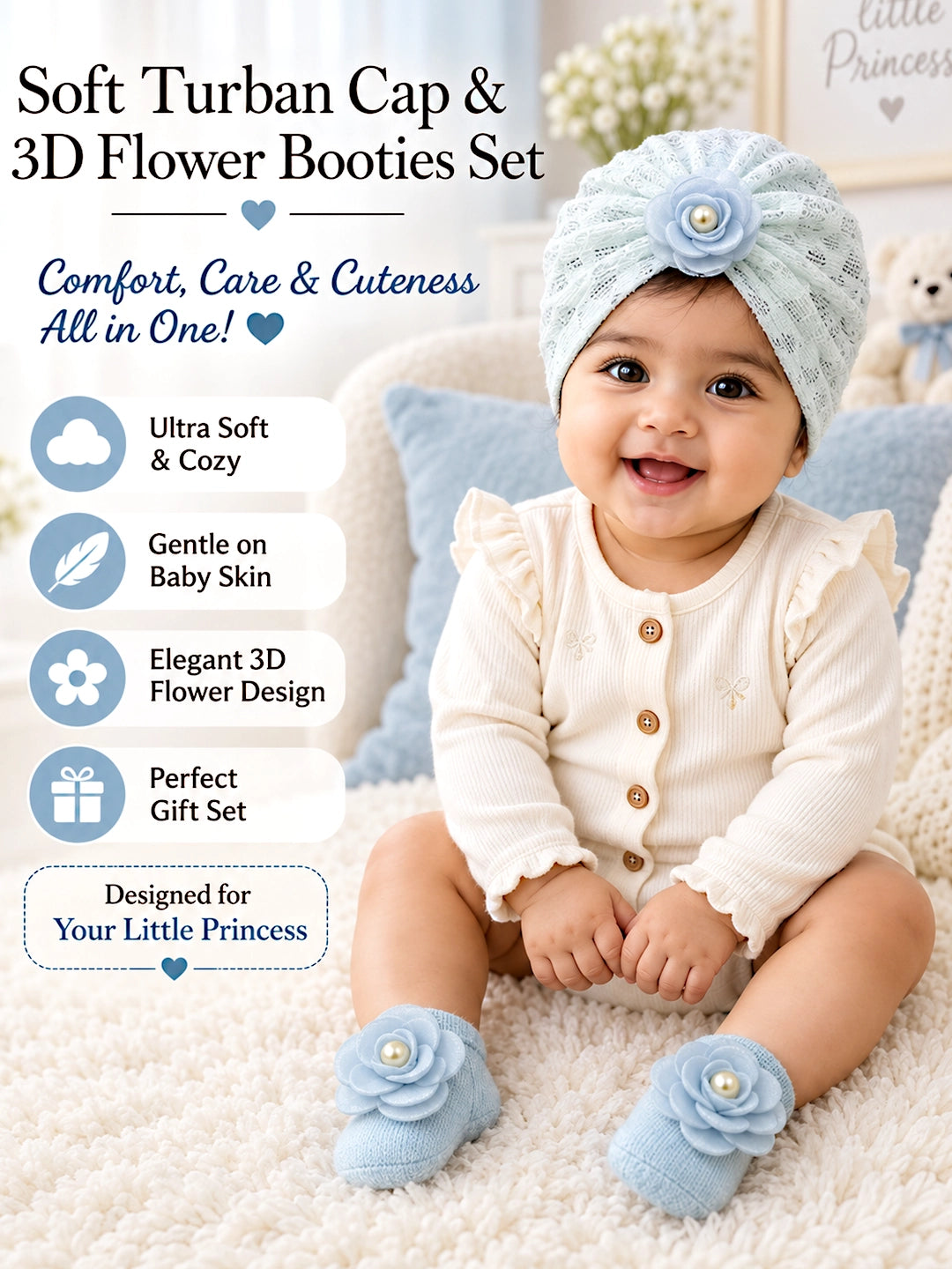 Blue 3D Rose Turban Cap & Pearl Flower Booties Set | Lace Knit | Baby Girls 0–12 Months