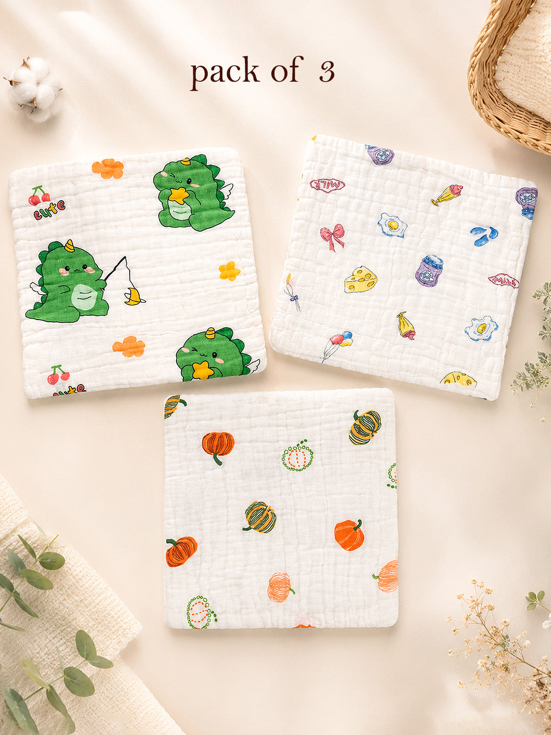 Dino, Pumpkin & Yummy Print 6-Layer Muslin Face Towel | Set of 3 | Pure Cotton | 0–3 Yrs