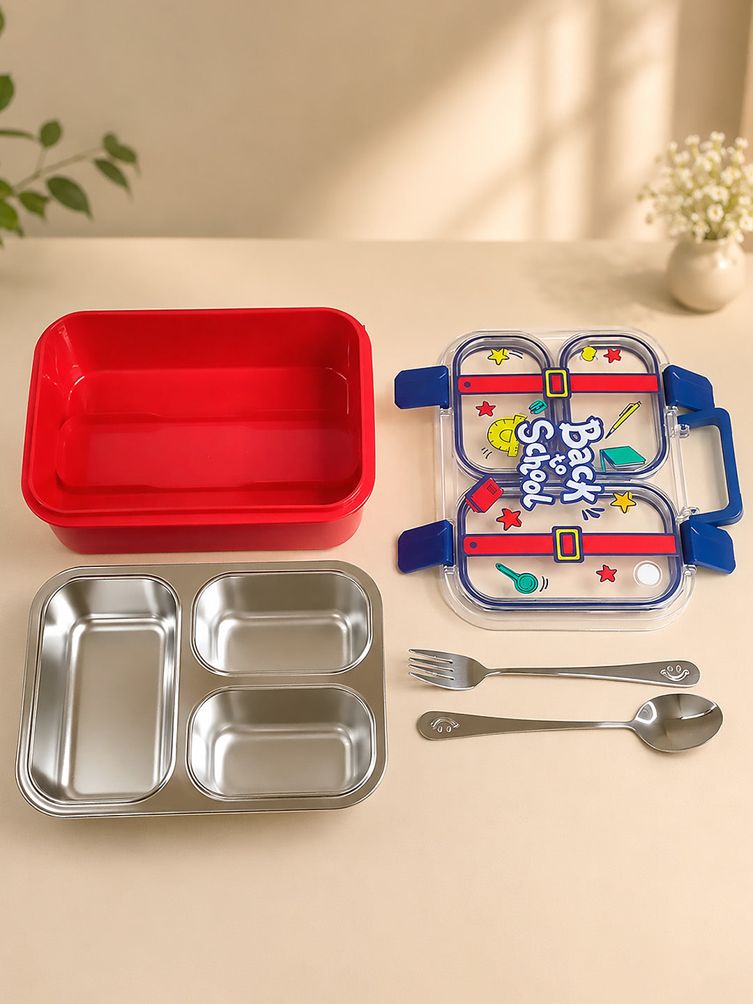3-Compartment Kids Lunch Box | Stainless Steel | Leak-Proof | Fork & Spoon Included