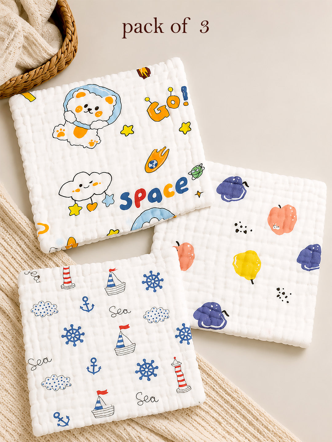 Space, Sea & Fruits 6-Layer Muslin Face Towel | Set of 3 | Pure Cotton | 0–3 Yrs