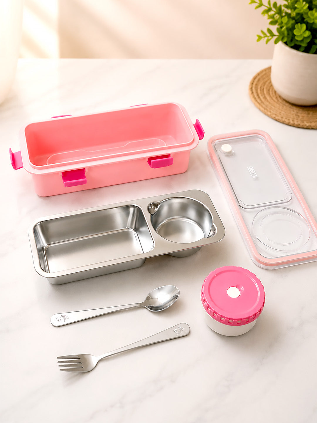 Pink 2-Compartment Stainless Steel Kids Lunch Box | Leak-Proof | Fork, Spoon & Sauce Container Included
