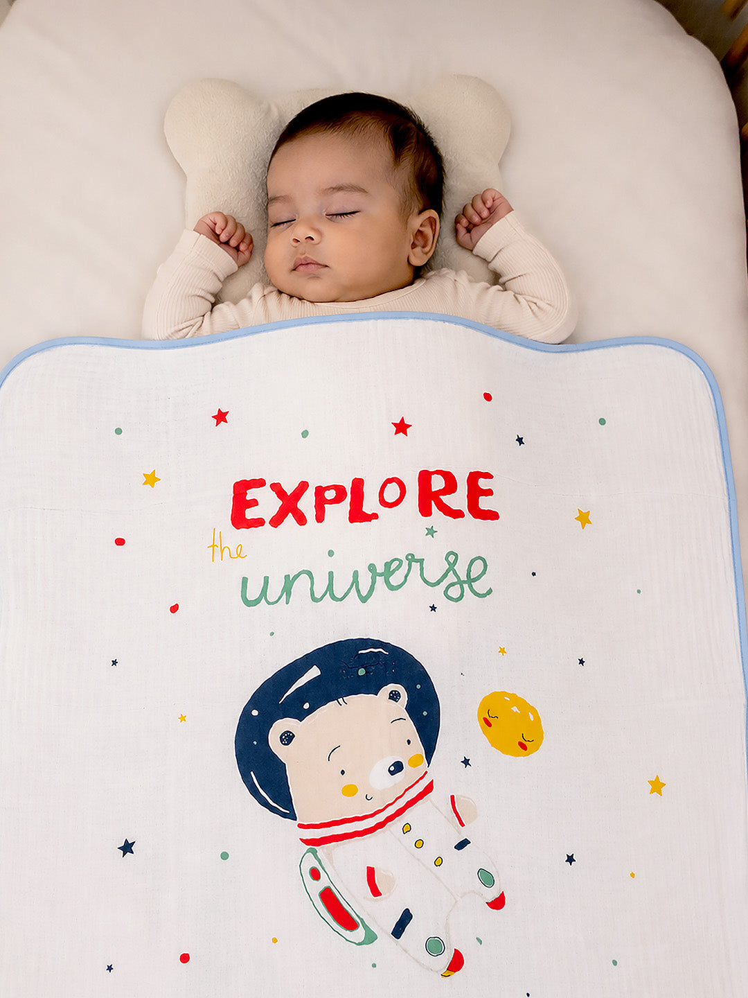 Explore the Universe Astronaut Bear 6-Layer Muslin Cotton Baby Blanket | All-Season | 102×102 cm
