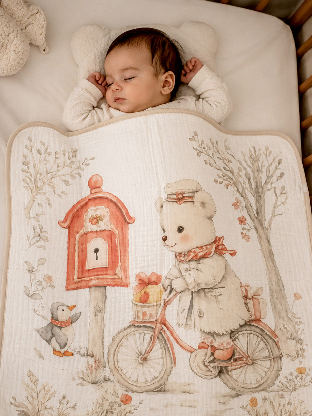 Postman Bear 6-Layer Muslin Cotton Baby Blanket | All-Season | 102×102 cm