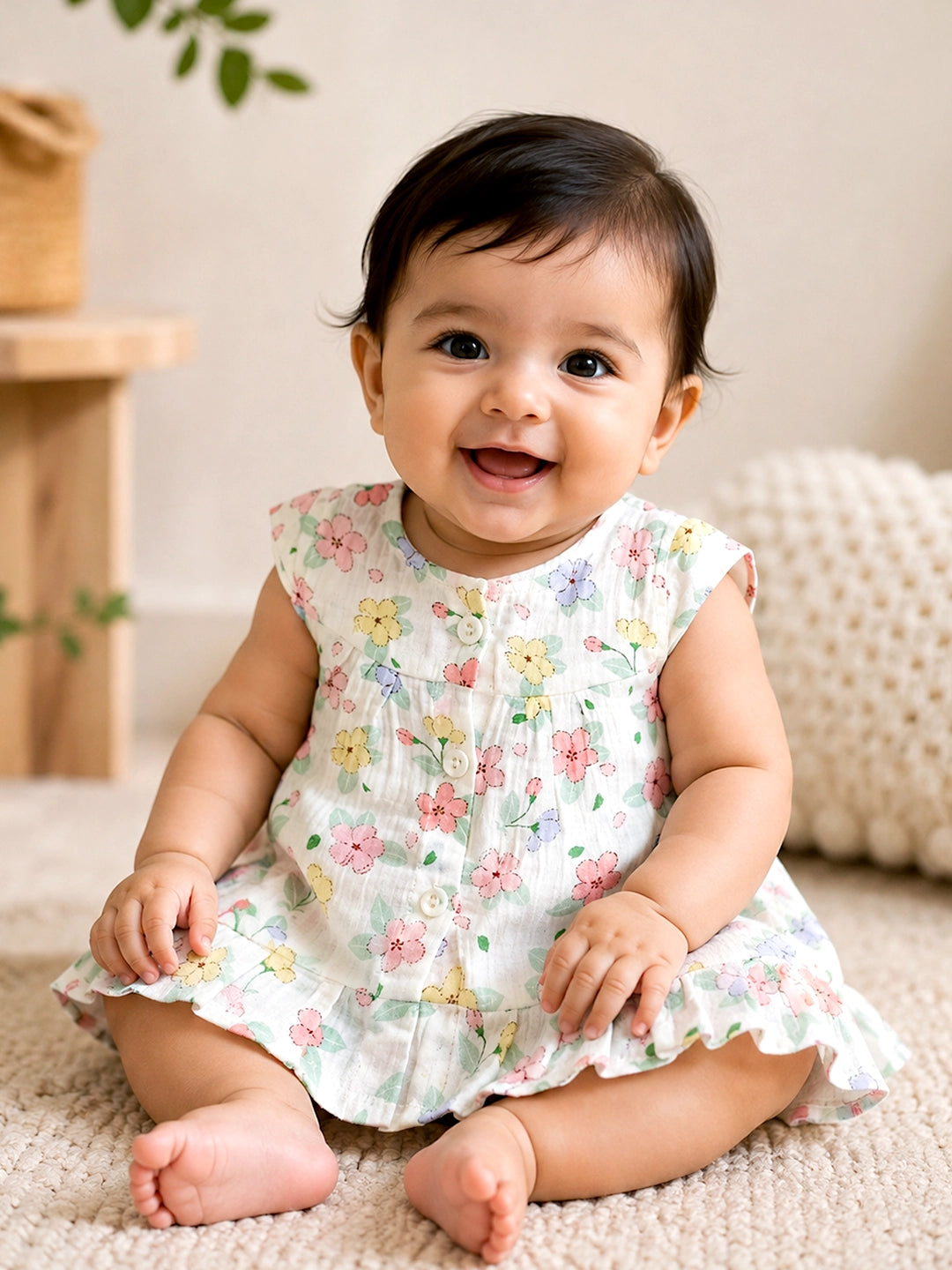 Floral Muslin Cotton Baby Frock | Cap Sleeve & Ruffle Hem | Button Placket | 0–6 Months
