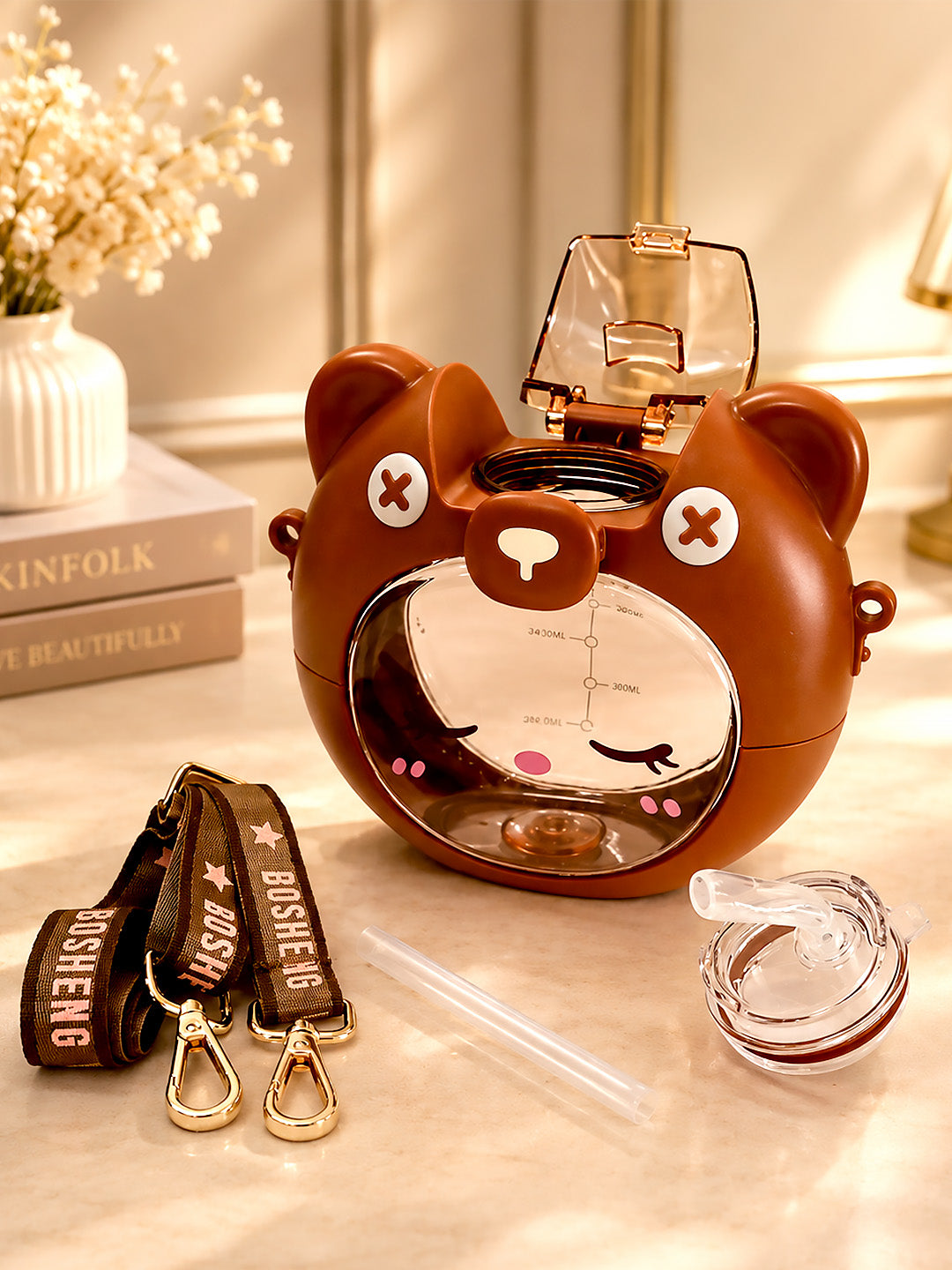 3D Bear Kids Water Bottle — 630ml | Flip Lid, Straw & Crossbody Strap