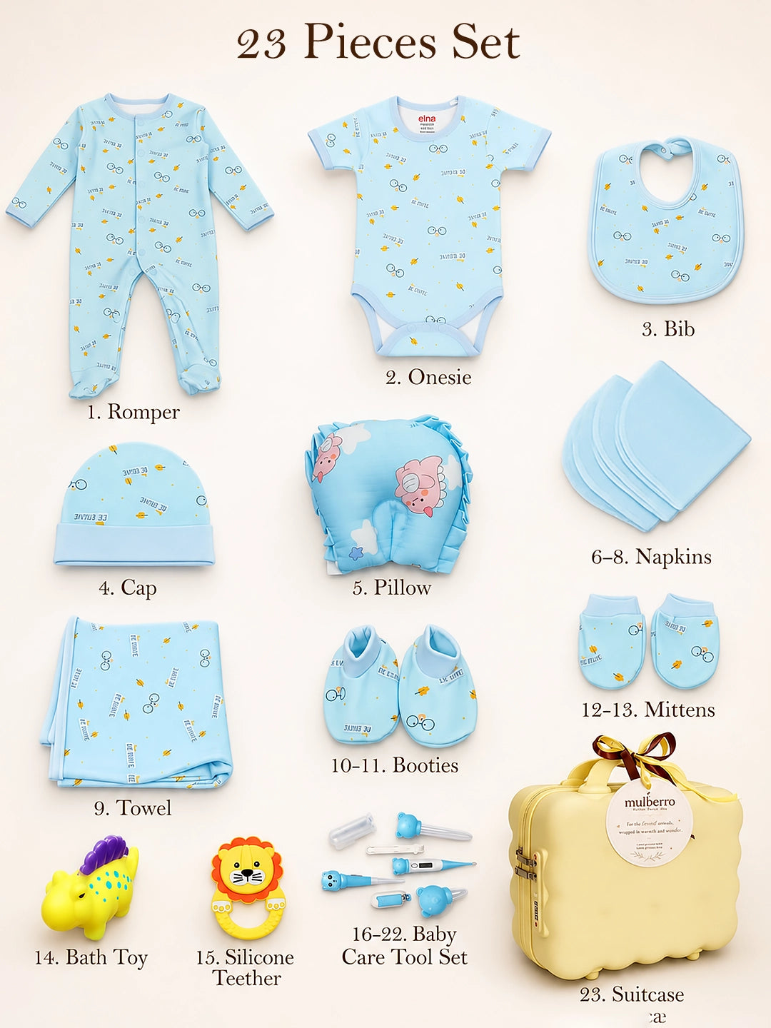 22-Piece Newborn Baby Gift Hamper | Pure Cotton | Yellow Suitcase | 0–3 Months