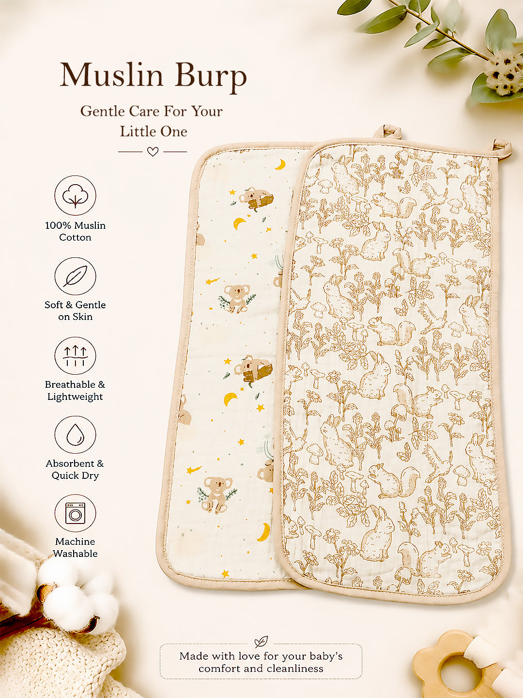 Koala & Squirrel Print 2-Piece Muslin Cotton Baby Burp Cloths | Super Absorbent | Newborn Burp Cloth
