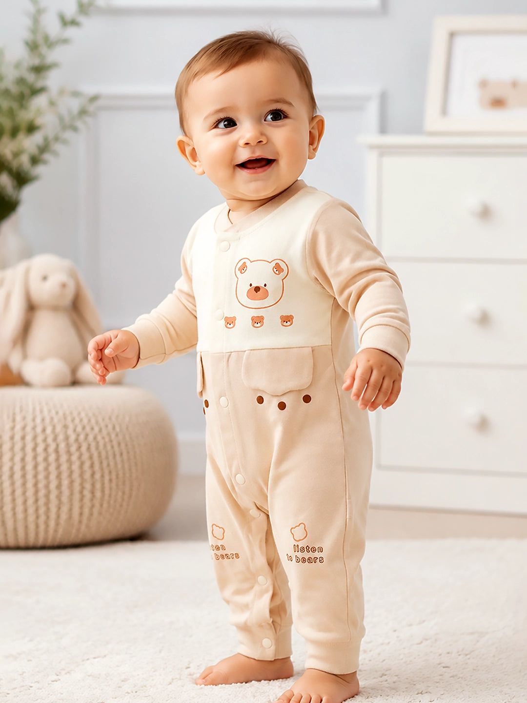 Bear Print Baby Romper | Full Sleeve | Snap Button | Footless | 0–12 Months