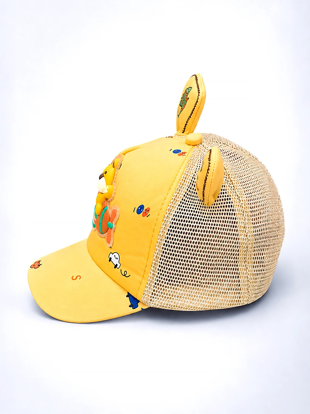 Yellow 3D Bear Kids Cap | Plush Ears & Mesh Back | Adjustable Fit | 2–6 Years