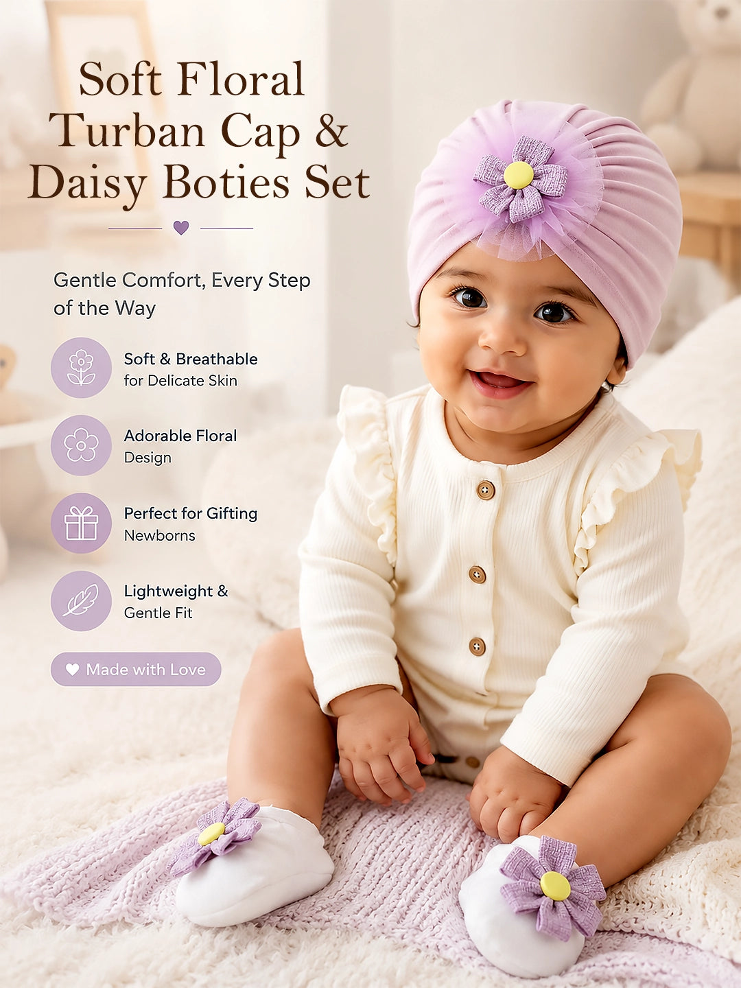 Pink Floral Turban Cap & Daisy Booties Set | Soft & Breathable | Baby Girls 0–12 Months