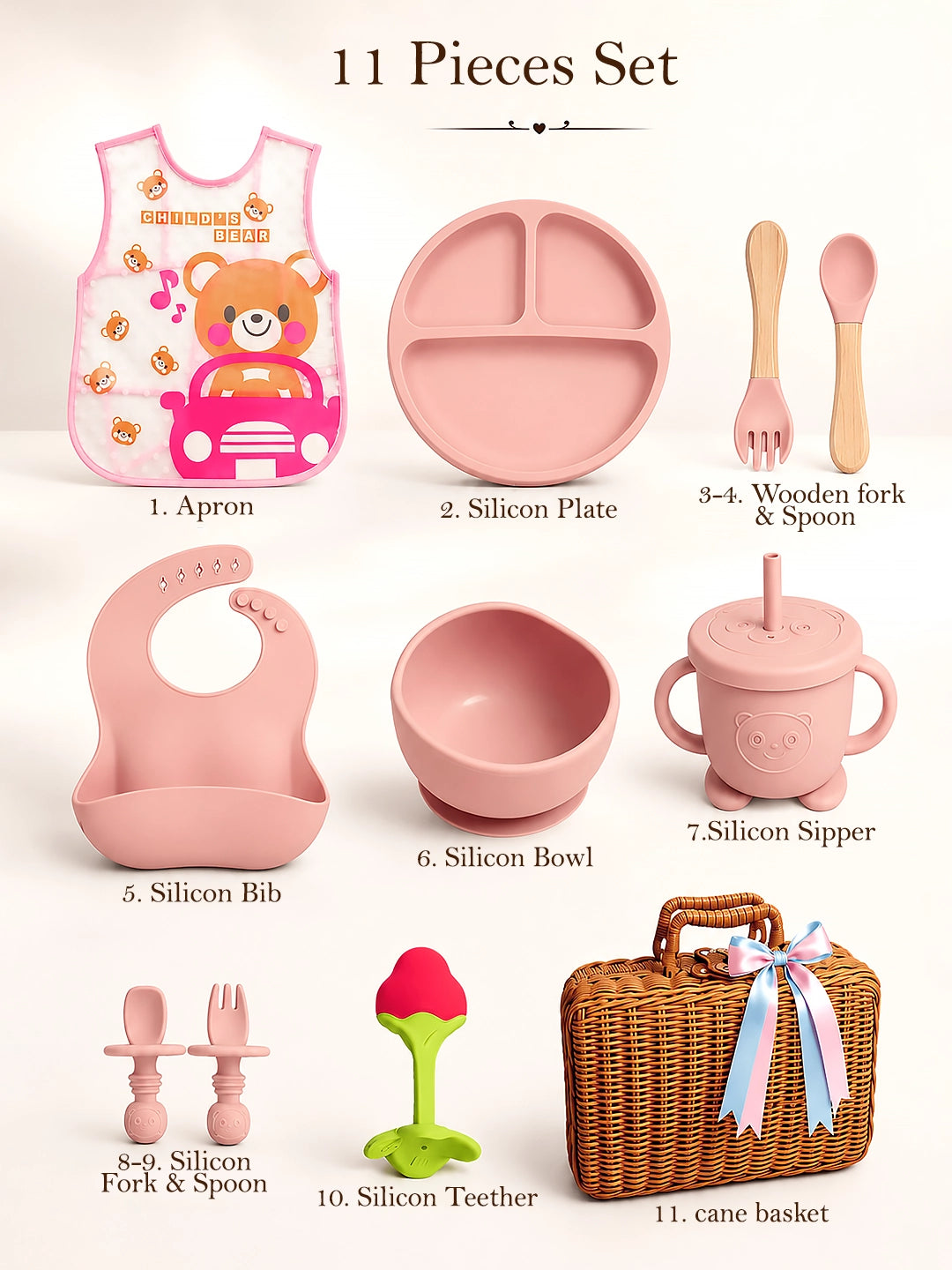 11-Piece Little Foodie Baby Weaning Gift Hamper | Silicone Feeding Set | Cane Basket | 0-24 Months