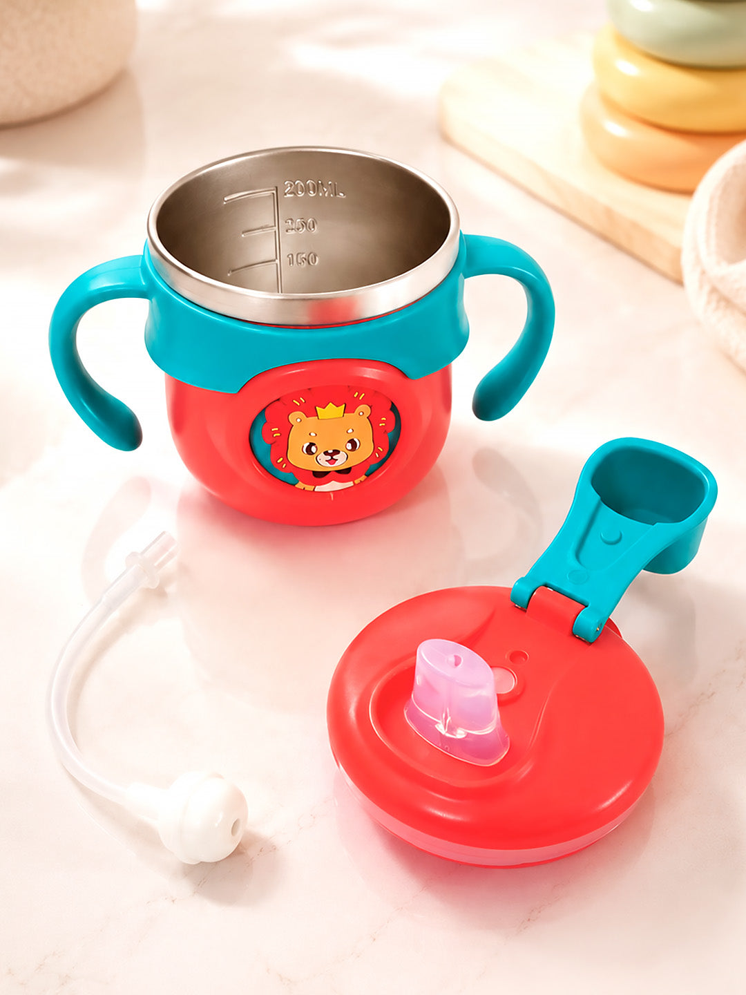 Lion King Stainless Steel Sipper Bottle for Babies & Toddlers — 250ml | Spill-Proof Spout & Flip-Top Straw with Dual Handles