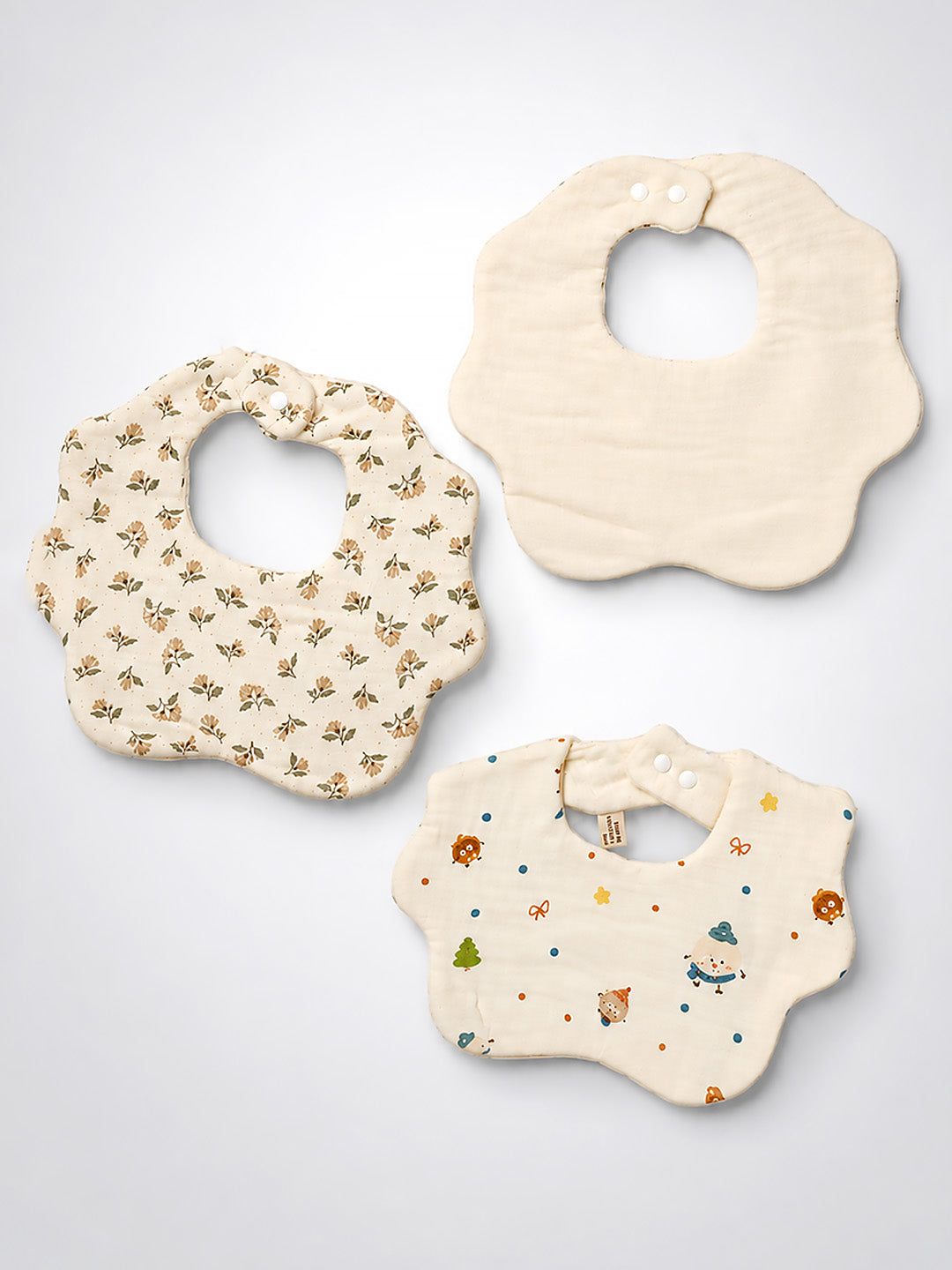 Floral & Friends Print 3-Piece Muslin Cotton Baby Bibs | Snap Closure | Drool & Burp Bib