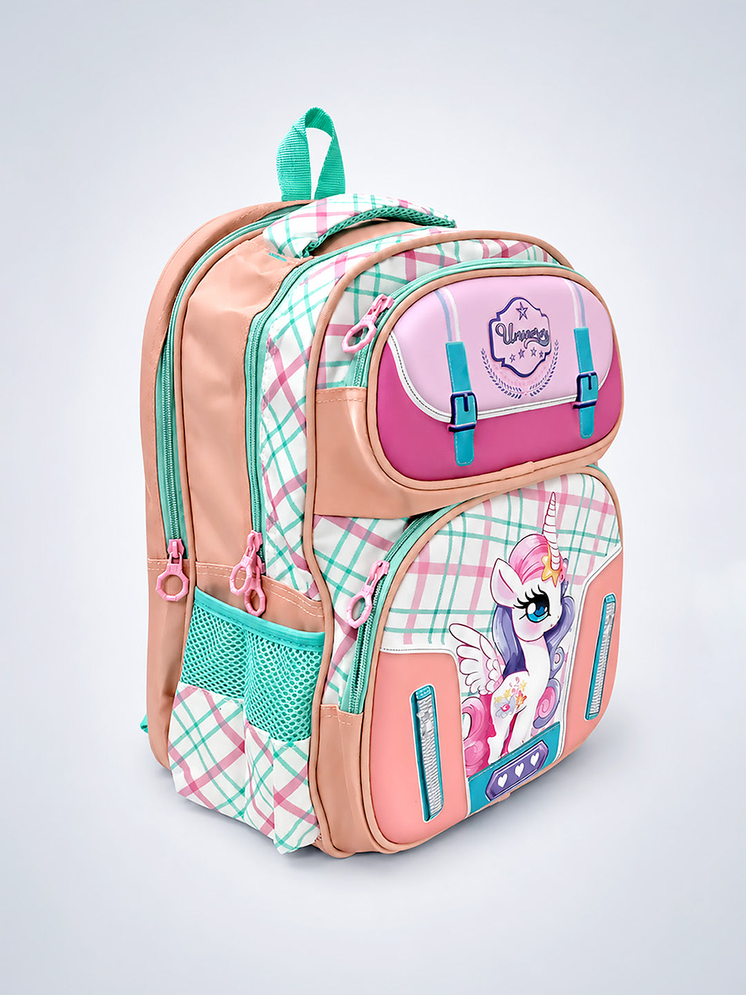 Unicorn School Backpack for Girls – Pink Plaid Kids Bag