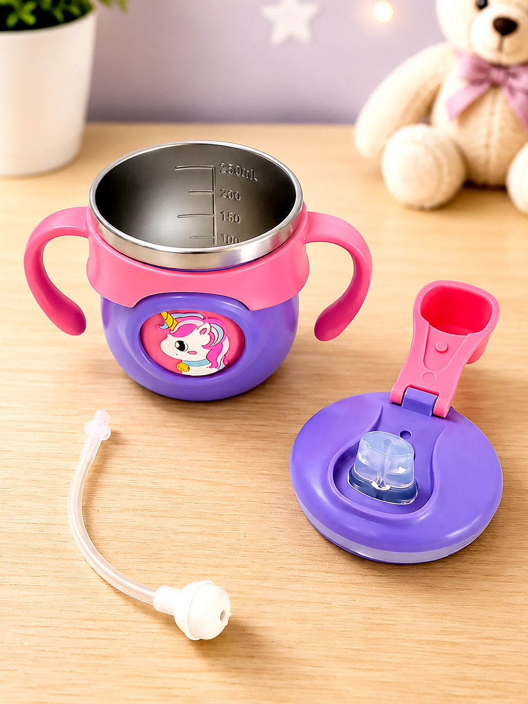 Unicorn Stainless Steel Sipper Bottle for Babies & Toddlers — 250ml | Spill-Proof Spout, Flip Straw & Dual Handles