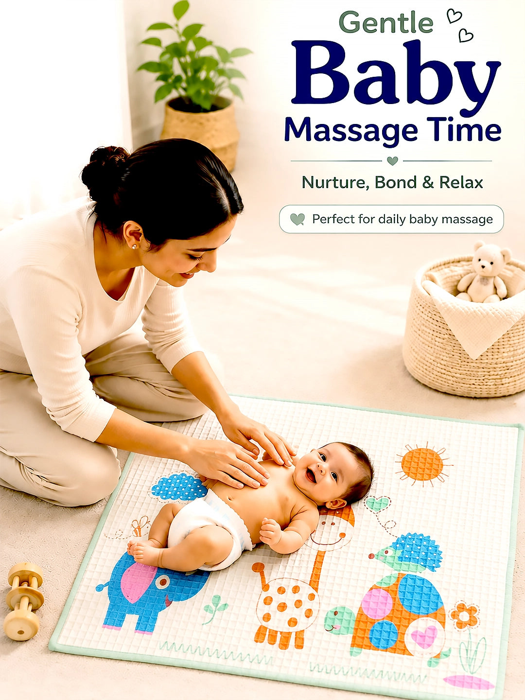 Baby Massage & Play Mat | Safari Friends Natural Print | Waterproof Natural Latex