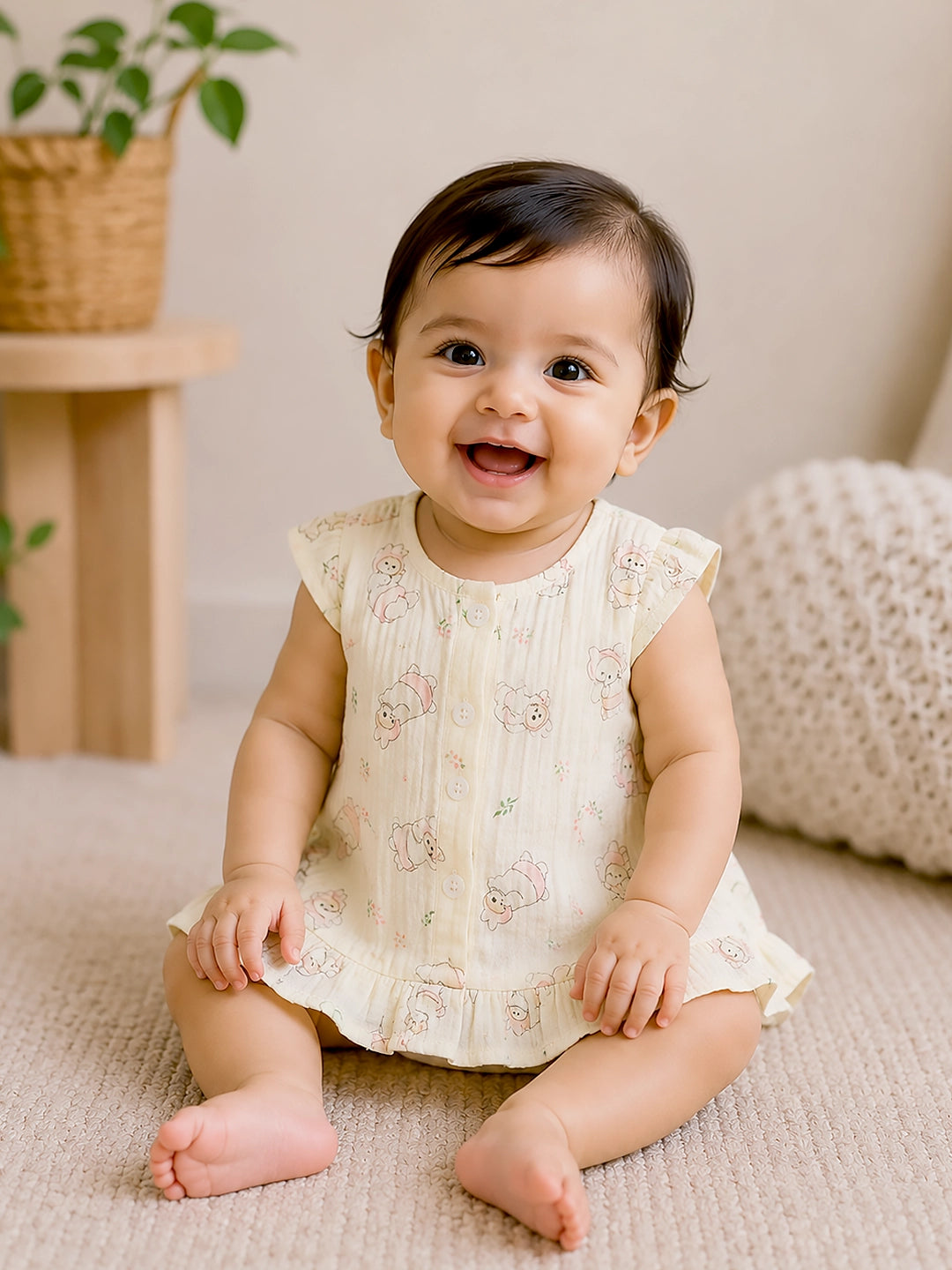 Bunny Bear Baby Frock | Muslin Cotton | Sleeveless Ruffle Hem Dress | 0–6 Months