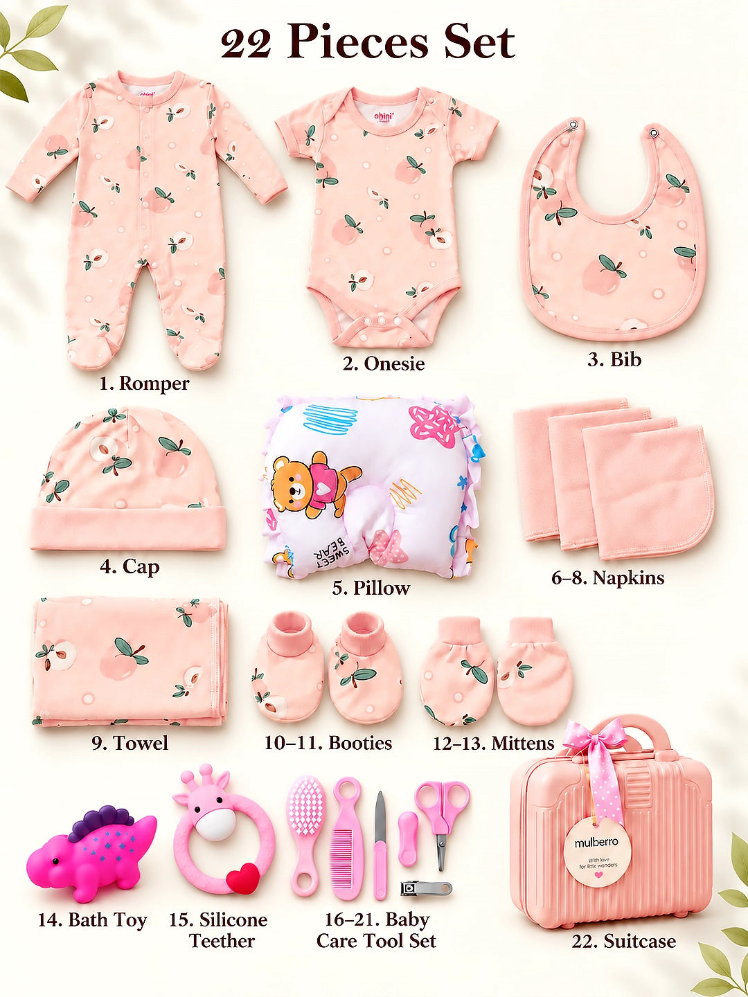 Newborn | Welcome Baby | Baby Shower | 22-Piece Gift Set | Pure Cotton | Good Morning Pink Suitcase | Baby Girl | 0–3 Months