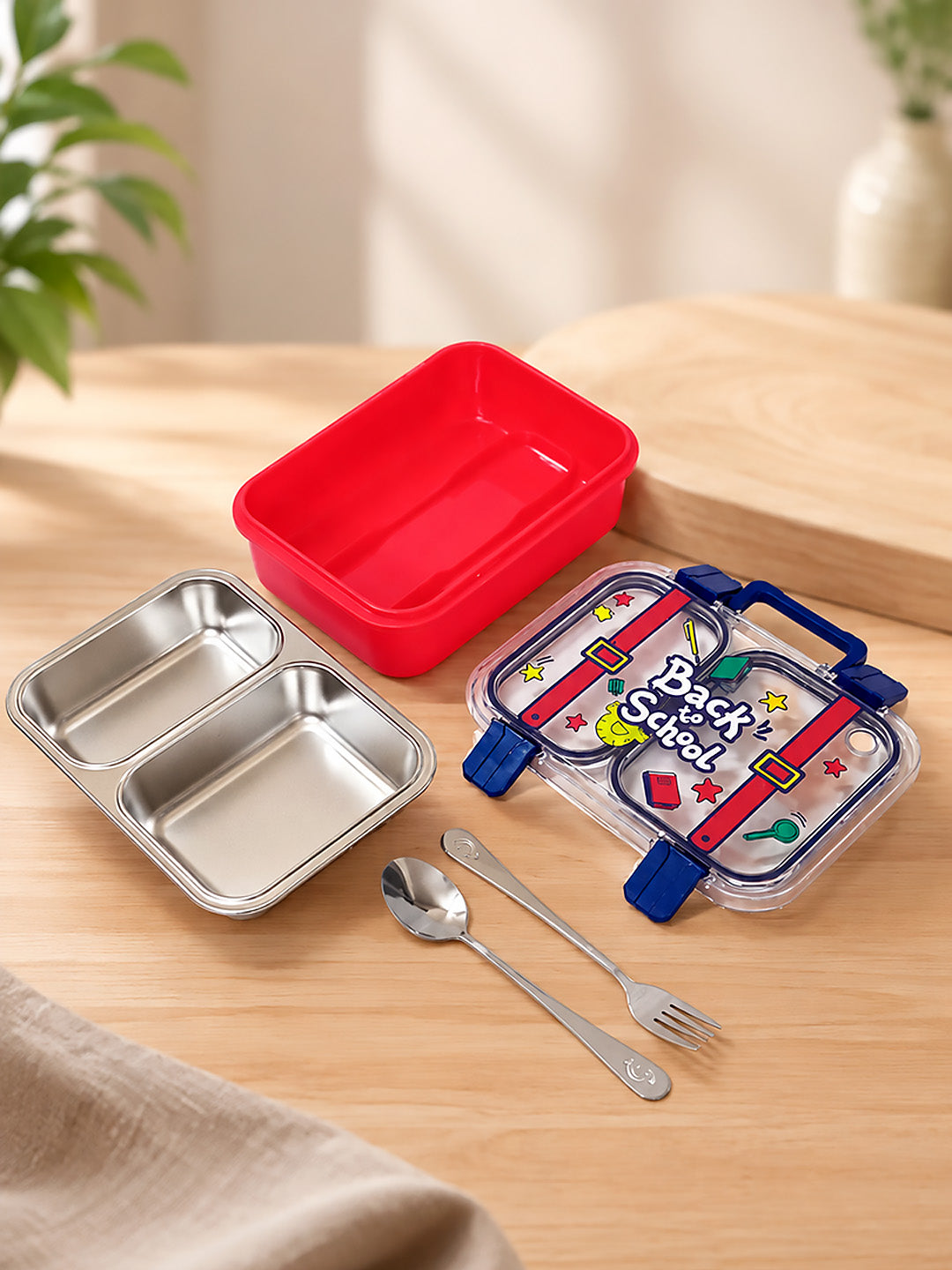 Back to School 2-Compartment Kids Steel Tiffin Lunch Box | Leak-Proof | Fork & Spoon Included