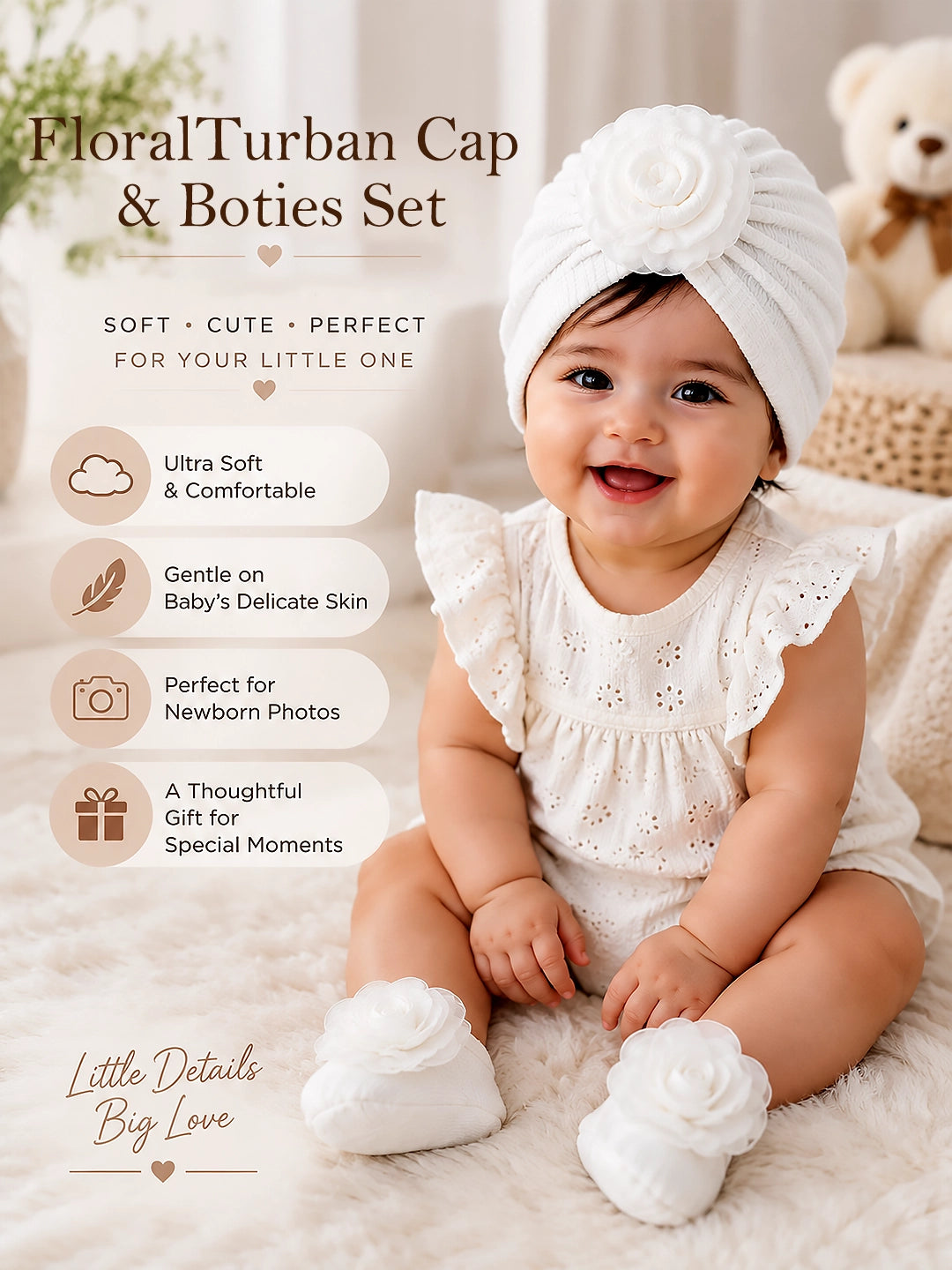 White Floral Turban Cap & Booties Set | Baby Girl Gift Set | 0–12 Months