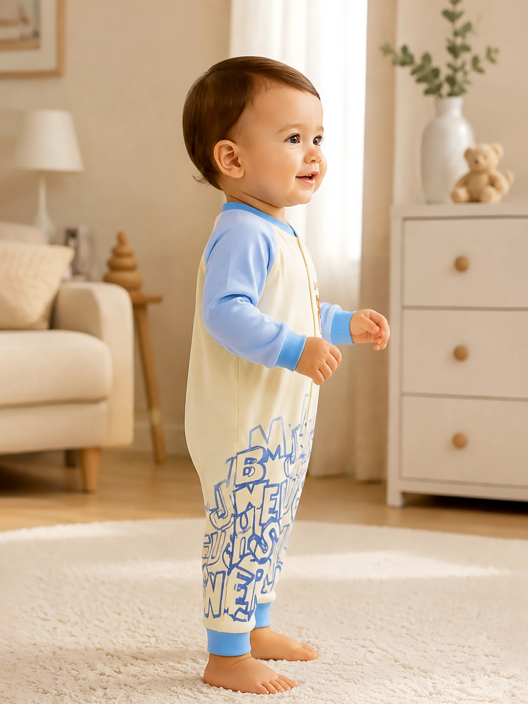 Blue Bear Baby Romper | Full Sleeve | Snap Button | Footless | Premium Cotton | 0–12 Months