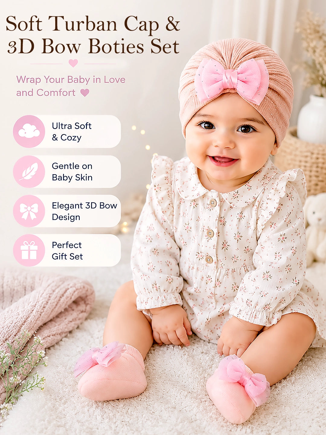 Pink 3D Bow Baby Turban Cap & Booties Gift Set | Soft & Sparkly | Baby Girls